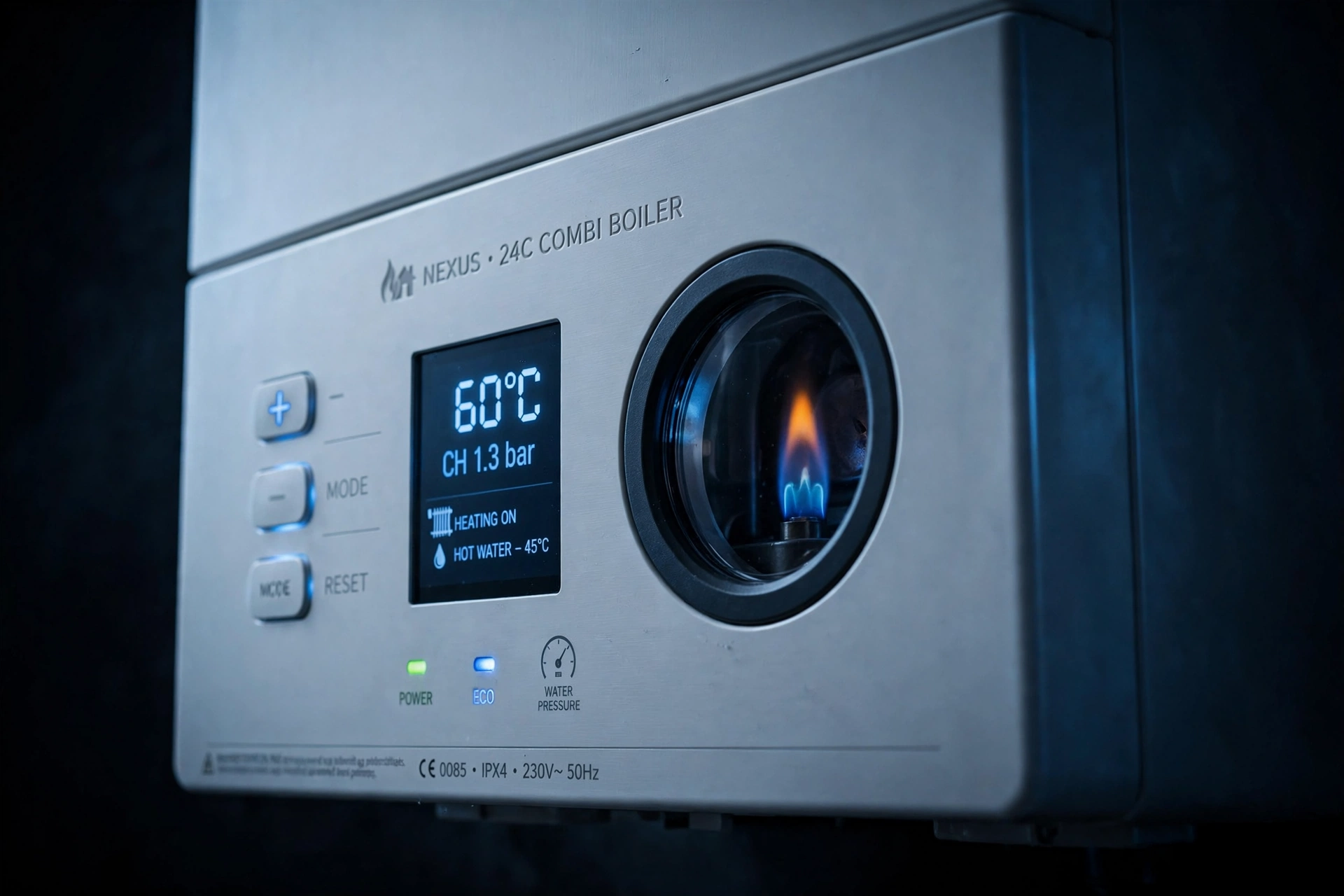 Modern boiler control panel with blue pilot flame